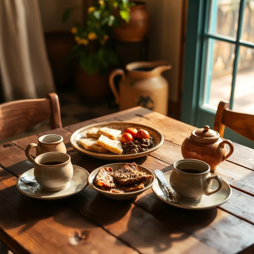 Breakfast laid out on a wooden table